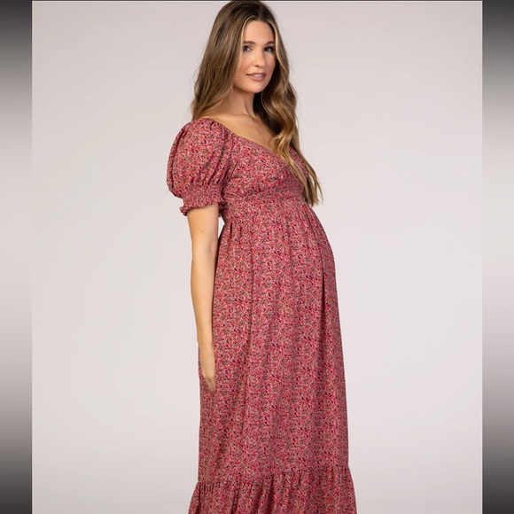 Pinkblush Maternity Pink Floral Puff Sleeve Dress - Picture 1 of 2